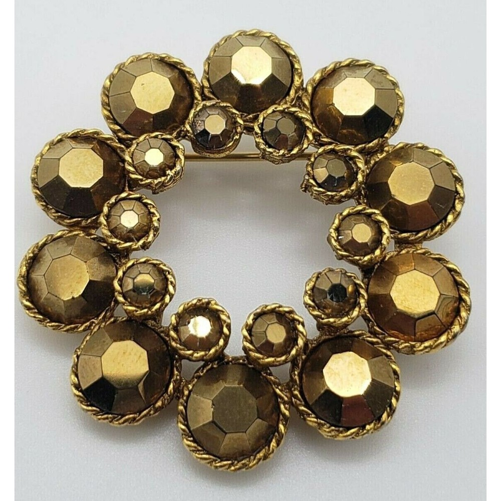 Golden Metallic Arum Rhinestone Brooch Pin Flower Layered Gold Vintage Sparkly!